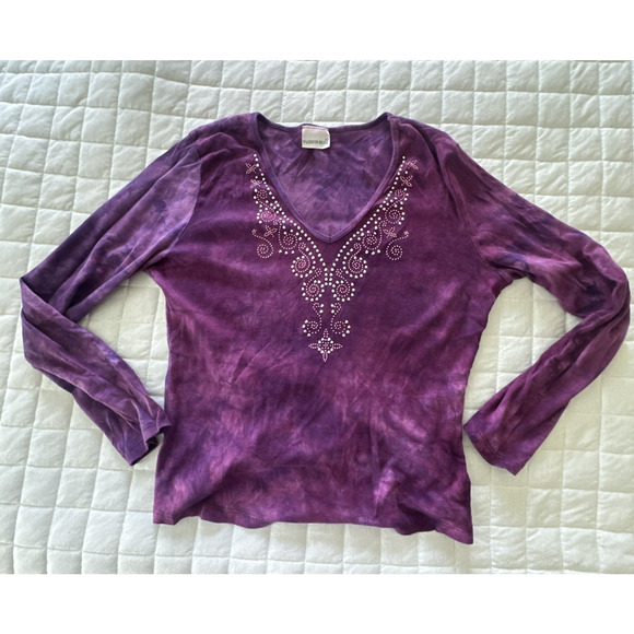 Vintage FASHION BUG Top XL Purple Tie Dye Studded V-Neck Retro Y2K Grunge Goth - Picture 2 of 10